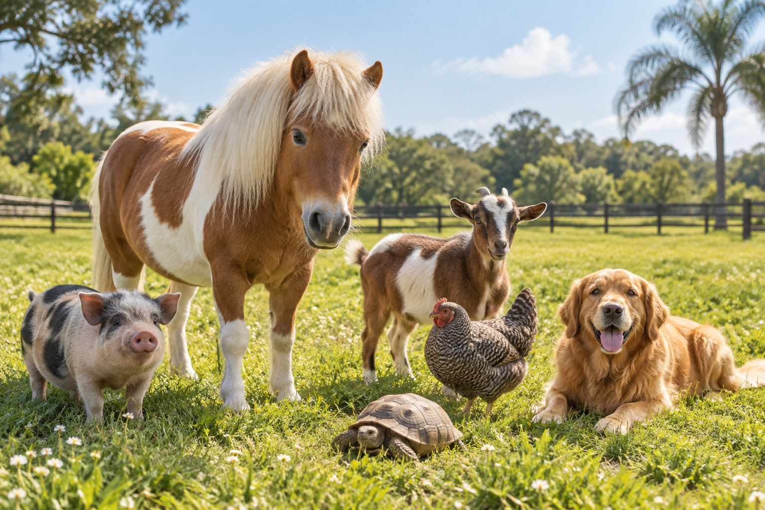 Friendly pony, pig, goat, chicken, turtle, and dog in a sunny pasture